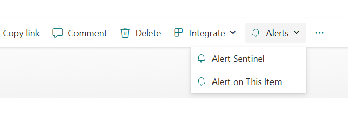 SharePoint list command bar with an Alerts menu opening AlertSentinel.