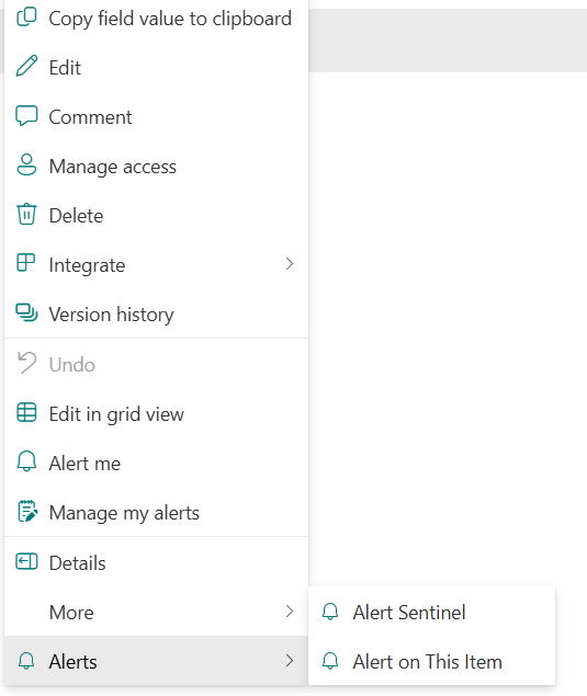 SharePoint item context menu with Alerts and Alert Sentinel options.